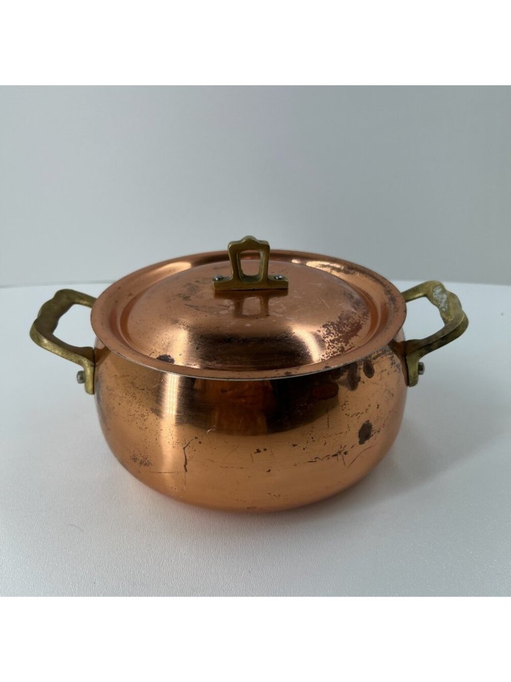 Vintage Copper Pot with Lid Double Brass Handles Casserole Dish Round Cookware